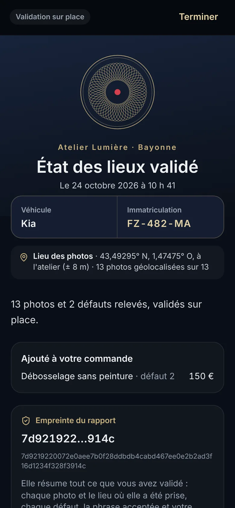 Page du client : état des lieux validé, avec le sceau