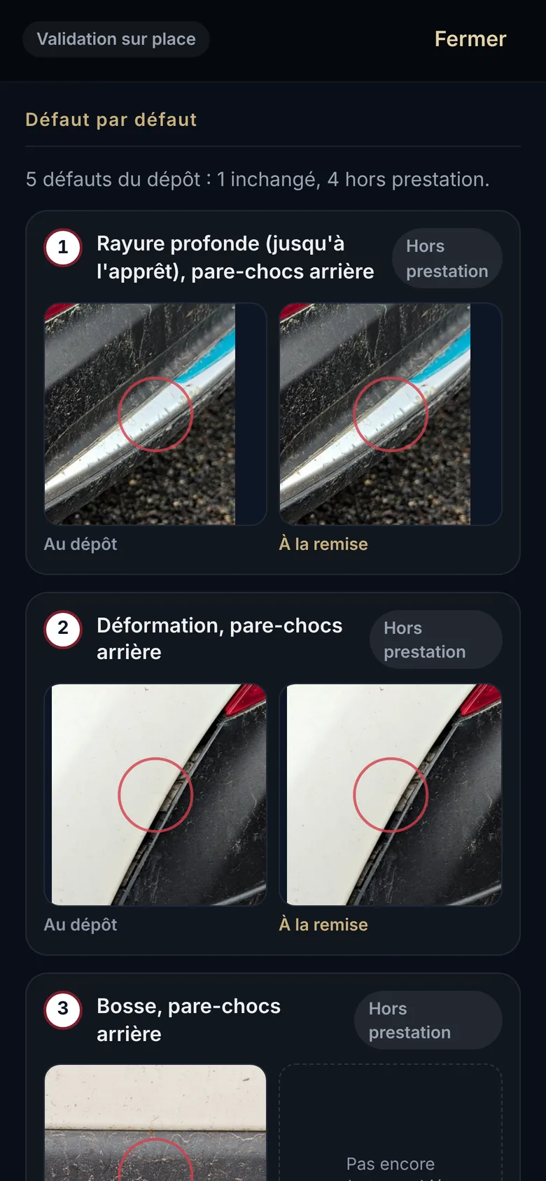 Page du client à la remise : chaque défaut du dépôt, l'extrait au dépôt et à la remise, avec le verdict de l'atelier