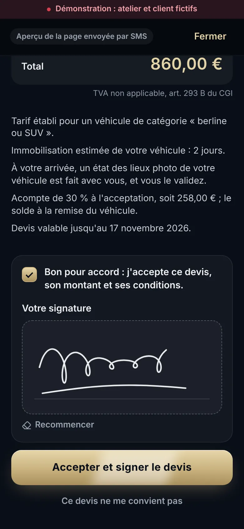 Page du devis chez le client : la mention « Bon pour accord » cochée et la signature au doigt