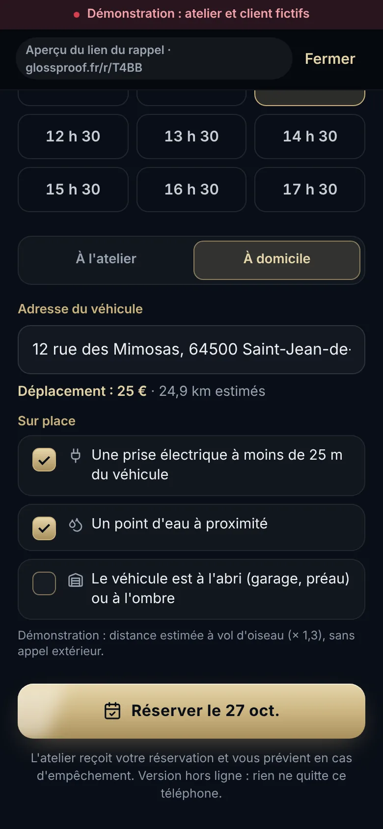 Réservation à domicile : adresse, distance, frais de déplacement et questions d'accès