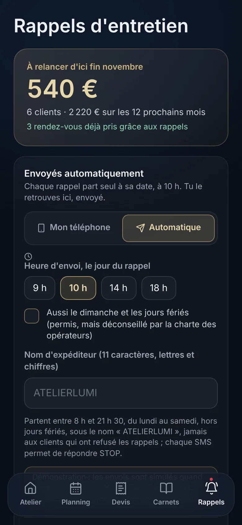 Réglage des rappels : envoi depuis le téléphone ou automatique, heure d'envoi et nom d'expéditeur