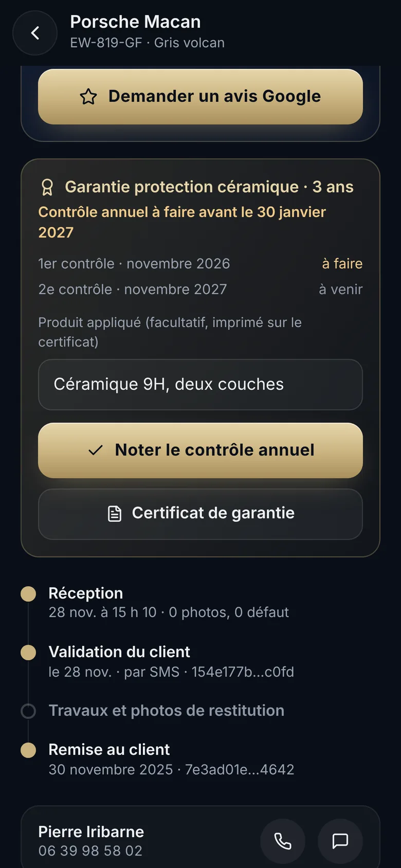 Garantie d'une protection céramique de trois ans : contrôle annuel à faire, produit appliqué et certificat