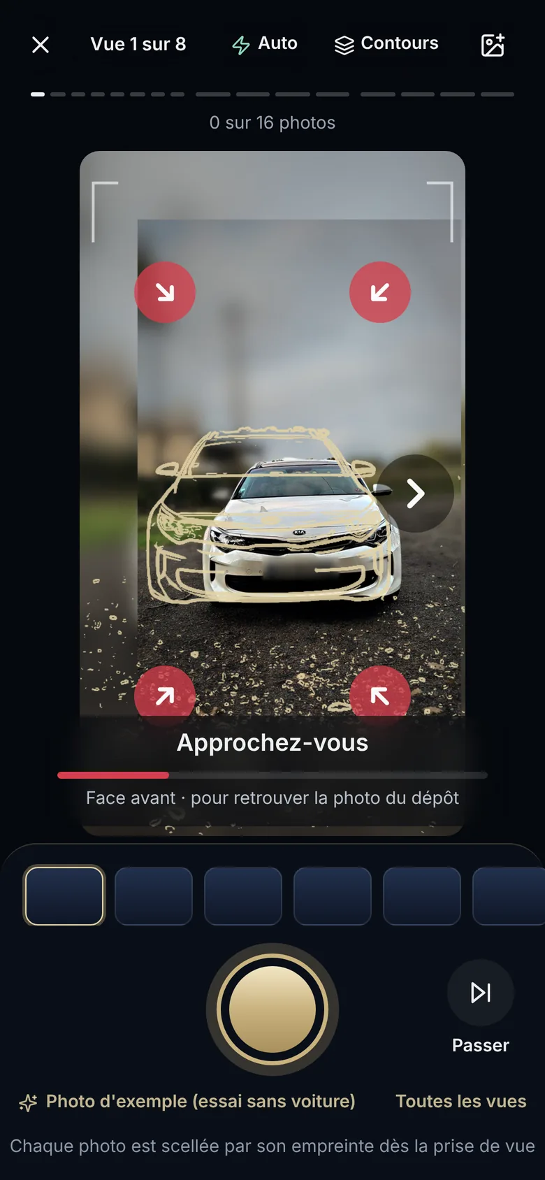 Restitution de la Kia : les contours de la photo du dépôt, quatre flèches et la consigne « Approchez-vous »