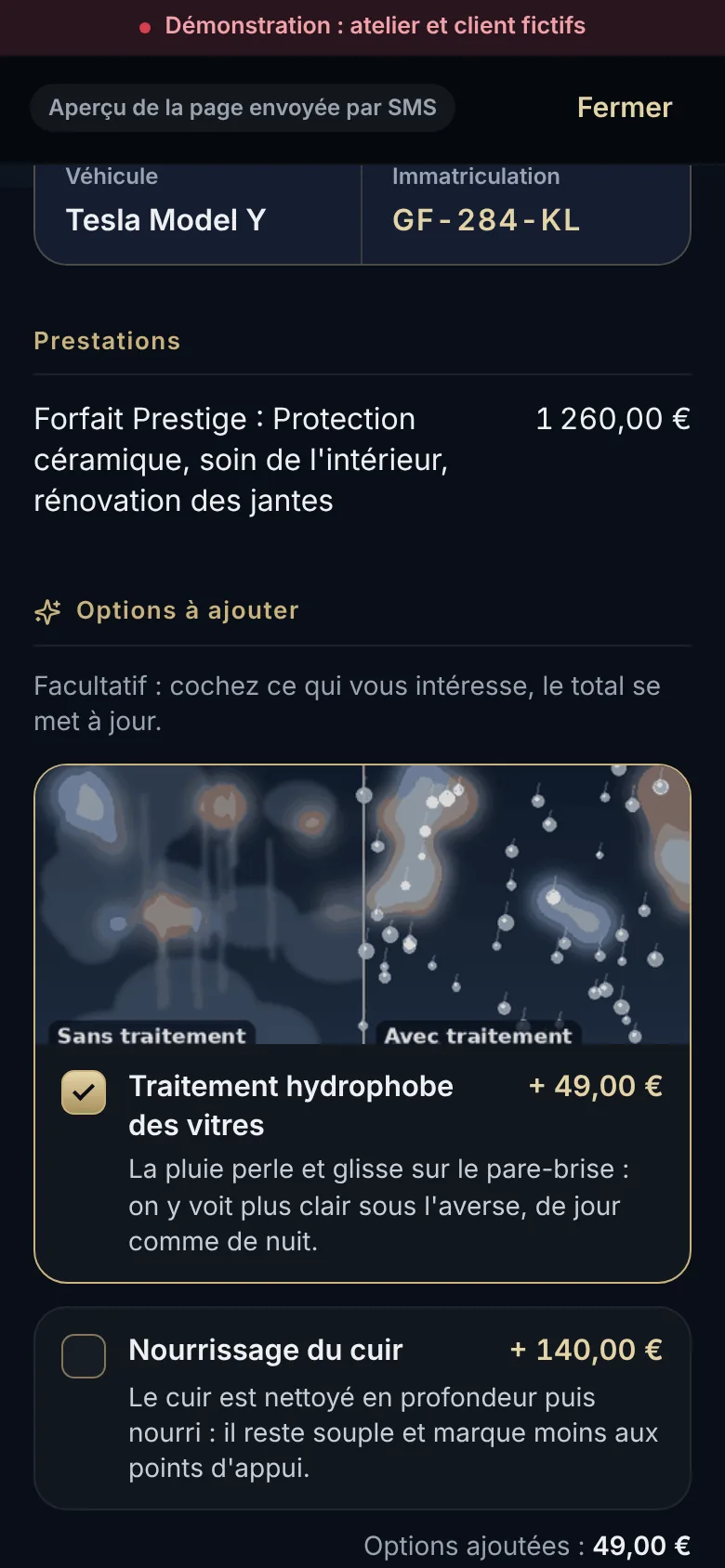 Devis chez le client : les options à cocher sous la prestation, avec leur prix