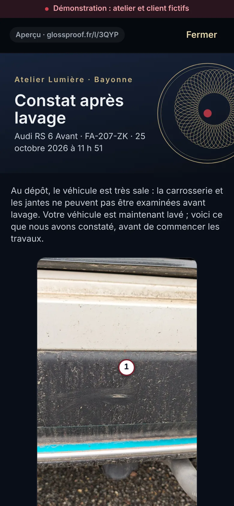 Page du client : le constat fait après lavage, avec la photo de ce que la saleté cachait
