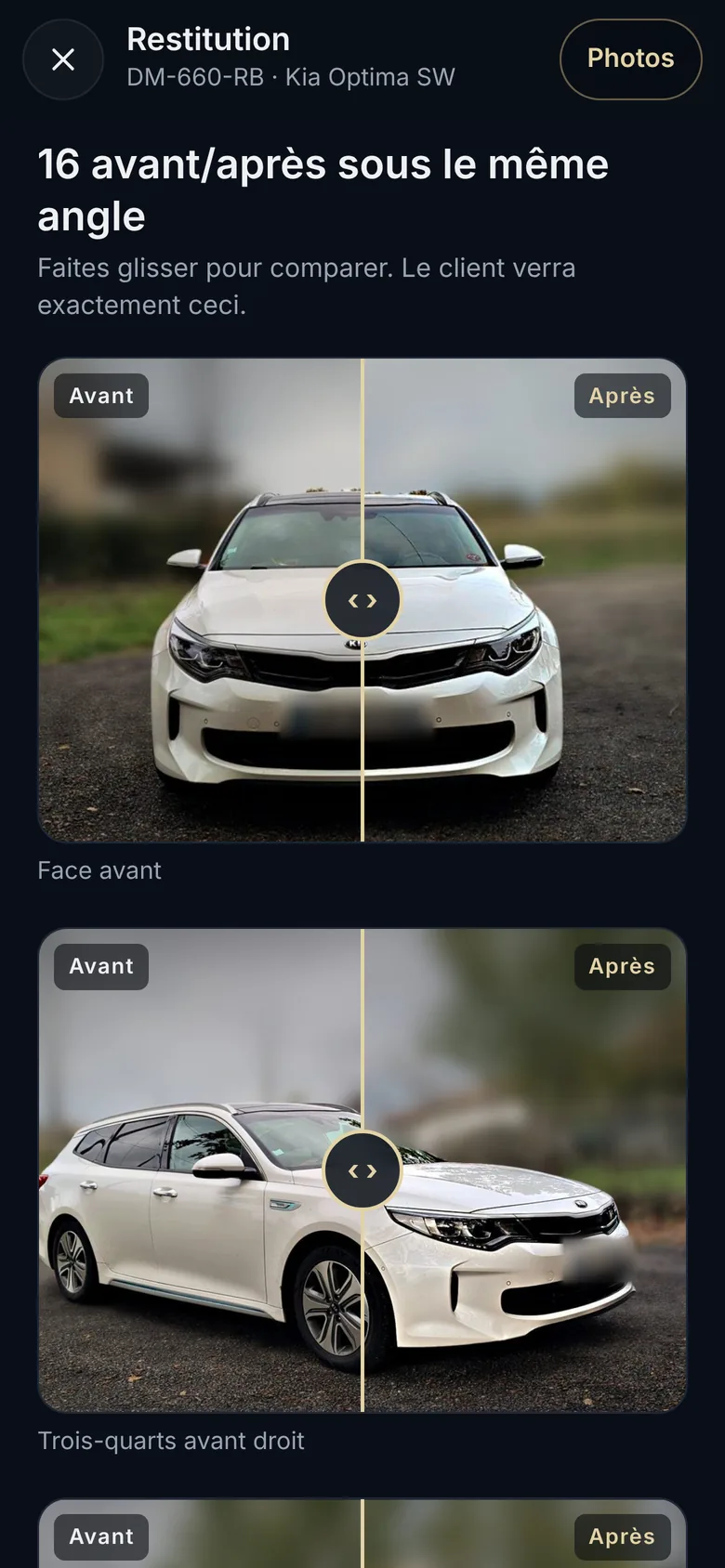 Seize avant/après de la Kia sous le même angle, à comparer en faisant glisser