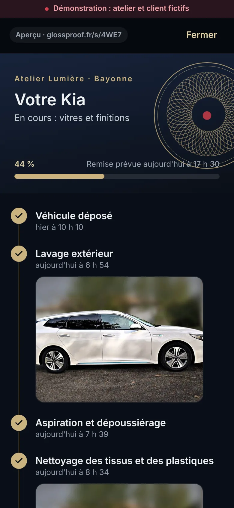 Page de suivi du client : les étapes du chantier cochées une à une